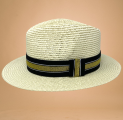 cream summer fedora sun hat black and gold striped band