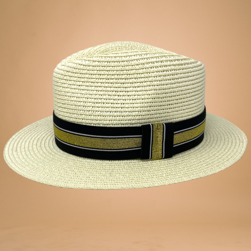 cream summer fedora sun hat black and gold striped band
