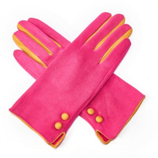 pink yellow button gloves